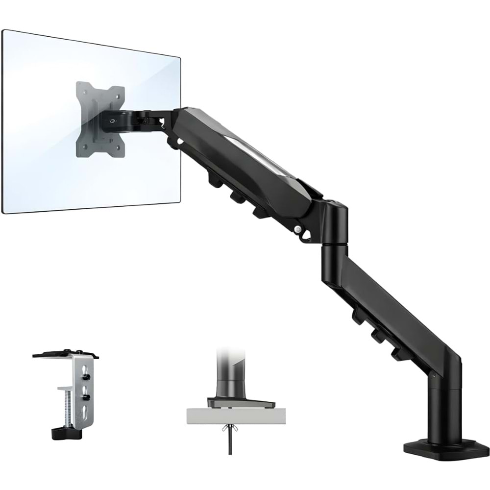 Coverzone 17–32 İnç Amortisörlü Tekli Pivot Monitör Kolu, Gazlı Yaylı, 2–9 Kg, Çift Montaj Seçeneği Sıkıştırma ve Vidalama, 360° Döner, VESA Uyumlu Stant, F80, Siyah