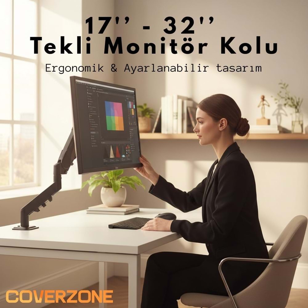 Coverzone 17–32 İnç Amortisörlü Tekli Pivot Monitör Kolu, Gazlı Yaylı, 2–9 Kg, Çift Montaj Seçeneği Sıkıştırma ve Vidalama, 360° Döner, VESA Uyumlu Stant, F80, Siyah