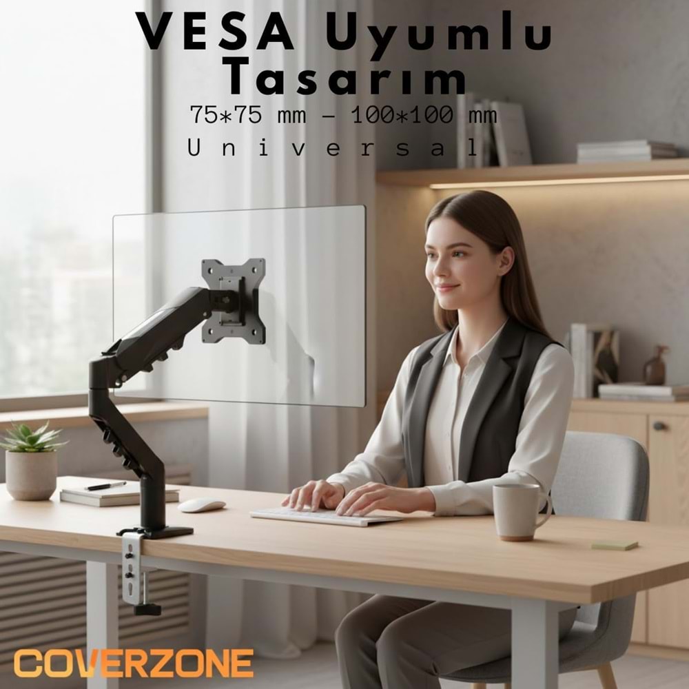 Coverzone 17–32 İnç Amortisörlü Tekli Pivot Monitör Kolu, Gazlı Yaylı, 2–9 Kg, Çift Montaj Seçeneği Sıkıştırma ve Vidalama, 360° Döner, VESA Uyumlu Stant, F80, Siyah