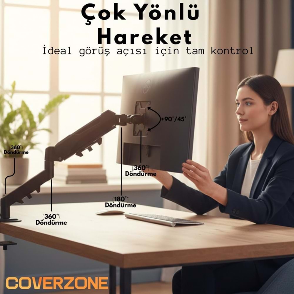 Coverzone 17–32 İnç Amortisörlü Tekli Pivot Monitör Kolu, Gazlı Yaylı, 2–9 Kg, Çift Montaj Seçeneği Sıkıştırma ve Vidalama, 360° Döner, VESA Uyumlu Stant, F80, Siyah