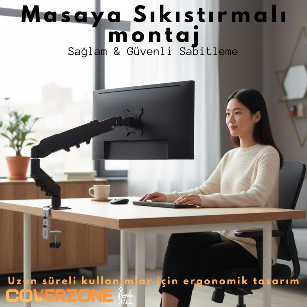Coverzone 17–32 İnç Amortisörlü Tekli Pivot Monitör Kolu, Gazlı Yaylı, 2–9 Kg, Çift Montaj Seçeneği Sıkıştırma ve Vidalama, 360° Döner, VESA Uyumlu Stant, F80, Siyah