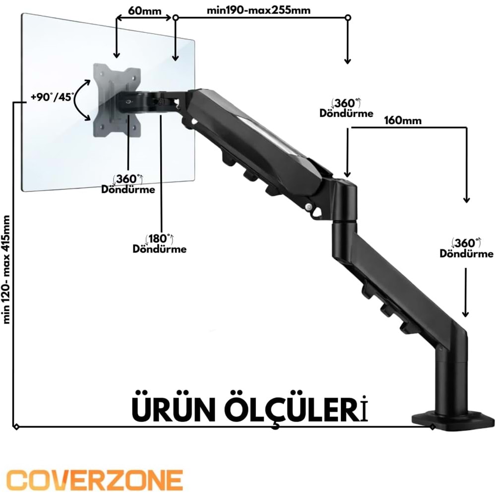 Coverzone 17–32 İnç Amortisörlü Tekli Pivot Monitör Kolu, Gazlı Yaylı, 2–9 Kg, Çift Montaj Seçeneği Sıkıştırma ve Vidalama, 360° Döner, VESA Uyumlu Stant, F80, Siyah