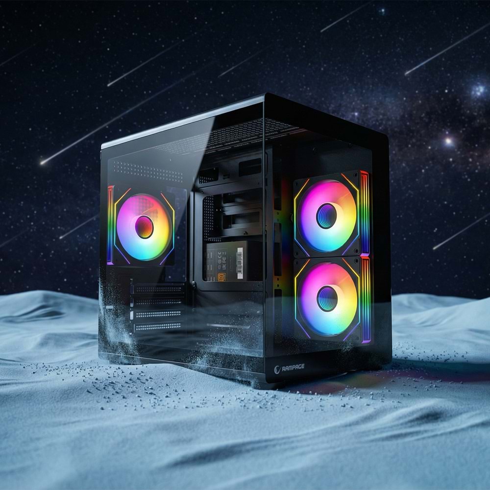 Rampage MINID V1 750W 80 Plus Bronze M-ATX Temperli Camlı 3*12cm ARGB Fan Siyah Oyuncu Kasası