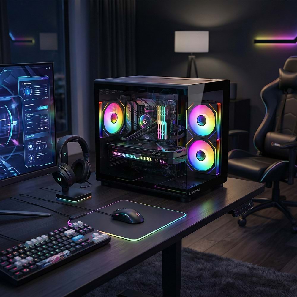 Rampage MINID V1 750W 80 Plus Bronze M-ATX Temperli Camlı 3*12cm ARGB Fan Siyah Oyuncu Kasası