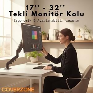 Coverzone 17–32 İnç Amortisörlü Tekli Pivot Monitör Kolu, Gazlı Yaylı, 2–9 Kg, Çift Montaj Seçeneği Sıkıştırma ve Vidalama, 360° Döner, VESA Uyumlu Stant, F80, Siyah