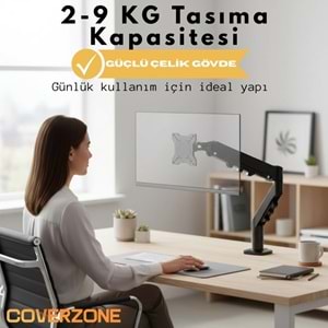 Coverzone 17–32 İnç Amortisörlü Tekli Pivot Monitör Kolu, Gazlı Yaylı, 2–9 Kg, Çift Montaj Seçeneği Sıkıştırma ve Vidalama, 360° Döner, VESA Uyumlu Stant, F80, Siyah