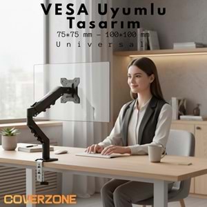 Coverzone 17–32 İnç Amortisörlü Tekli Pivot Monitör Kolu, Gazlı Yaylı, 2–9 Kg, Çift Montaj Seçeneği Sıkıştırma ve Vidalama, 360° Döner, VESA Uyumlu Stant, F80, Siyah