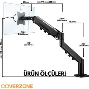 Coverzone 17–32 İnç Amortisörlü Tekli Pivot Monitör Kolu, Gazlı Yaylı, 2–9 Kg, Çift Montaj Seçeneği Sıkıştırma ve Vidalama, 360° Döner, VESA Uyumlu Stant, F80, Siyah