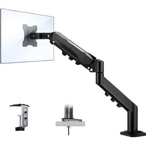 Coverzone 17–32 İnç Amortisörlü Tekli Pivot Monitör Kolu, Gazlı Yaylı, 2–9 Kg, Çift Montaj Seçeneği Sıkıştırma ve Vidalama, 360° Döner, VESA Uyumlu Stant, F80, Siyah